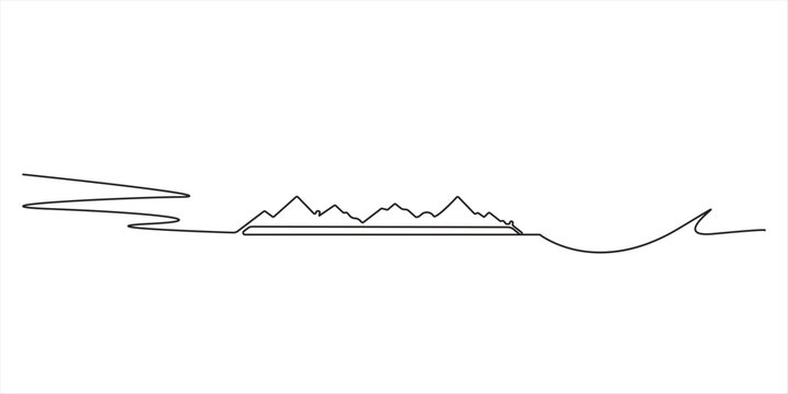 Continuous one line art drawing of mountain range landscape template. Minimal Landscape Outline Illustration One continuous line drawing of mountain range landscape. Web banner with mounts in simple l