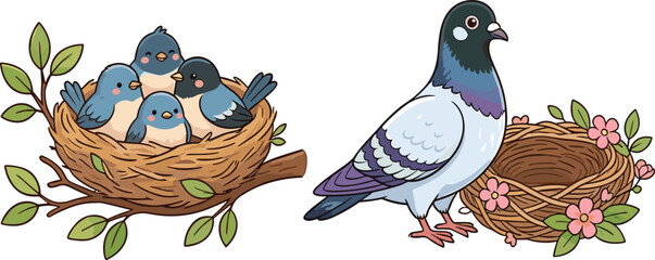Cute Bird Nest and Pigeon Collection with Baby Birds Floral Nest and Woodland Cartoon Vector Illustration Set © Sumon Creative