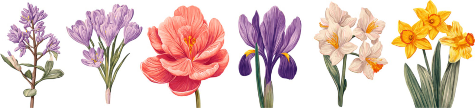 A collection of different flowers. Lavender flowers, purple crocus flowers, iris flowers, yellow daffodils. Simple vector graphic illustration.