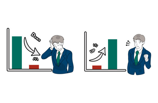 Businessman comparing decrease and increase bar charts