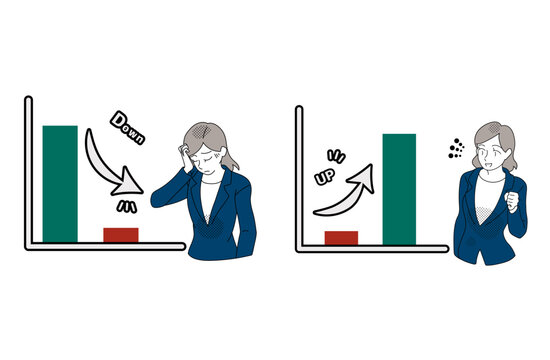 Business woman comparing decrease and increase bar charts