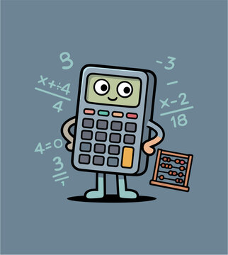 Smart cartoon calculator character with math formulas on background, vector icon