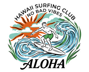 Hawaii surfing club vintage illustration, aloha surf design, retro wave surfer print, beach apparel artwork, no bad vibes summer graphic © srina