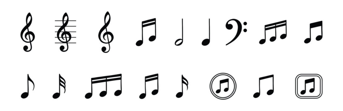 Music notes and musical symbols icon set. Isolated vector illustration of treble clef, bass clef, quaver, and melody notation signs for creative audio, concert, and sound design elements.