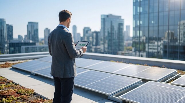 Professional engineer inspecting photovoltaic solar panels on urban building rooftop using tablet device, monitoring clean energy production system efficiency in modern city