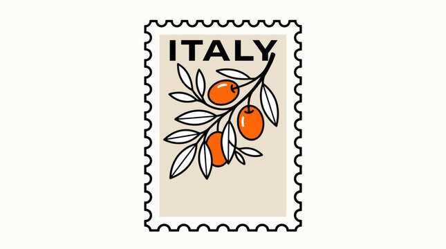 Italy postage stamp with an illustrated orange branch and leaves, vintage botanical design