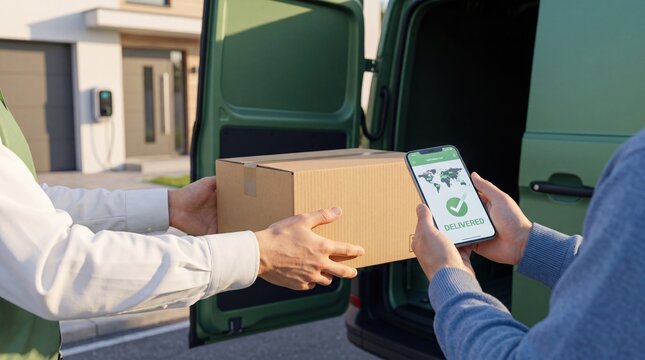 Courier delivering package to customer at home doorstep, e-commerce shipping service, mobile app confirmation and last mile logistics solution for online shopping and express