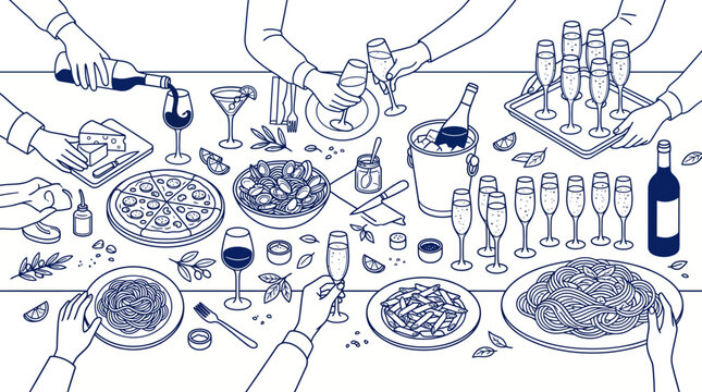 Group of friends sharing a communal dinner with wine and toasts in a detailed blue line art illustration