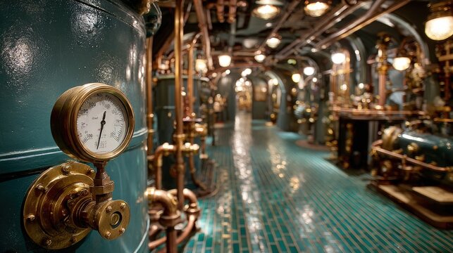 Large industrial hall with green tiled floors, copper pipes, and vintage machinery in a steampunk factory setting.
