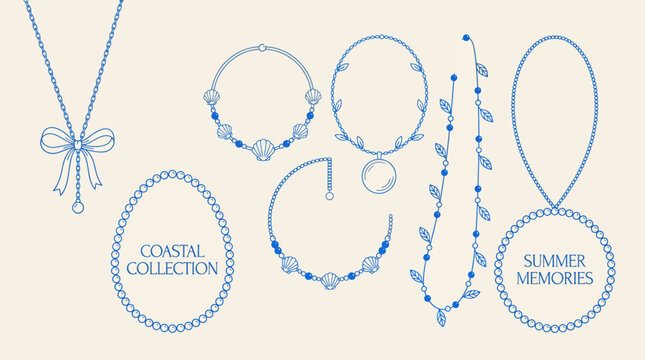 Blue coastal jewelry collection featuring beaded necklaces, pearl bracelet, and matching bracelets arranged on a beige background.