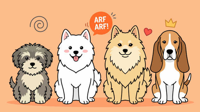 Four cute dogs of different breeds sitting together on a pastel orange background: poodle, samoyed, golden retriever, and beagle