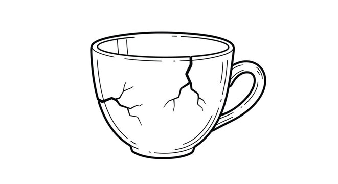 Broken ceramic mug sketch cracked tea cup illustration hand drawn style