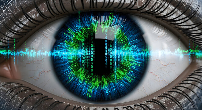 Human eye with digital binary code overlay representing technology and vision