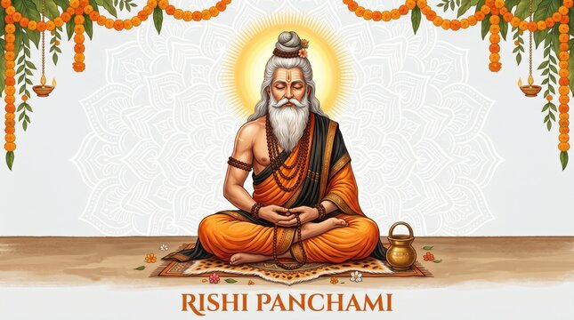 Hindu sage meditating in traditional attire with prayer beads