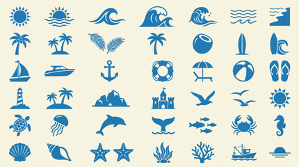 Fototapeta premium Blue tropical beach and travel icon set: sun, waves, palm trees, boats, islands, shells, and vacation symbols for lifestyle, tourism, and travel designs.
