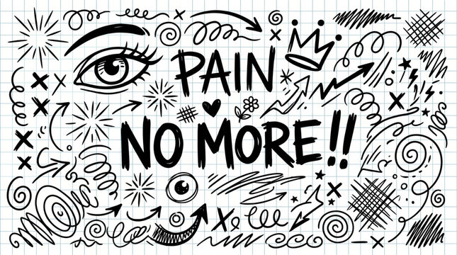 Doodle illustration showing pain relief with the bold No More Pain message in a chaotic black-and-white hand-drawn design