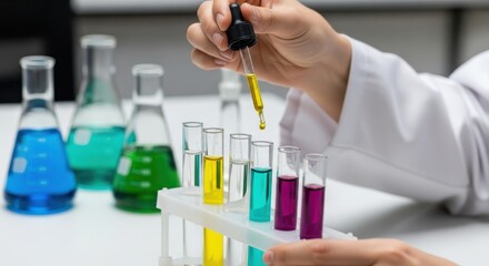 Fototapeta premium Scientist in lab coat adding yellow liquid to test tubes with various colorful solutions