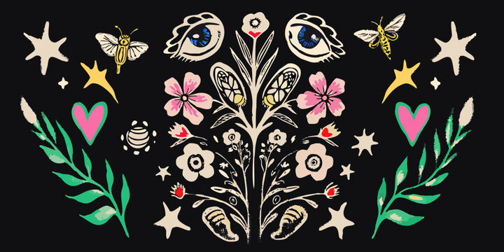 whimsical nature collage with flowers insects and eyes on black