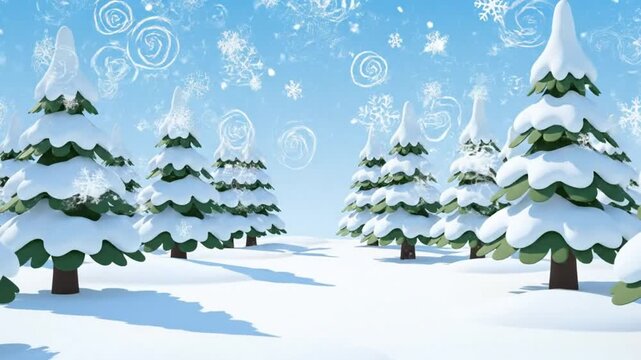 Snowy Winter Scene with Animated Snowflakes Falling Over Snow Covered Pine Trees Creating Christmas and Holiday Cheer