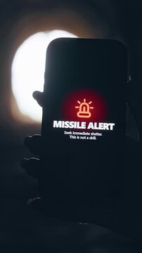 Vertical video. Smartphone Screen Showing Missile Attack Alert Inside Dark Tunnel With Bright Light Background, Cinematic Emergency Warning Scene About War and Global Crisis