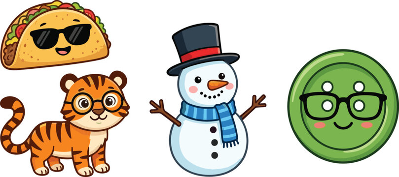 Cute Kawaii Cartoon Character Collection with Taco Tiger Snowman and Funny Green Button Mascot Vector Illustration Set
