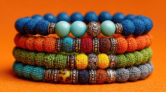 Colorful beaded bracelets stacked on orange background minimalist flat lay composition