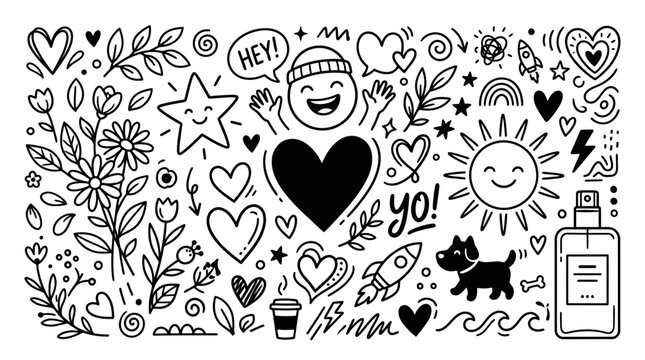 Whimsical hand-drawn doodle illustration with flowers, leaves, hearts, stars, sun, and playful characters in a dense black-and-white botanical collage.