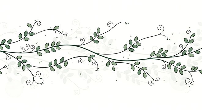 Elegant green vine branch with small leaves and curly tendrils on white background, floral pattern