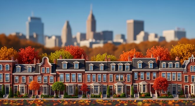 Charming Brick Townhouses Lined with Autumn Trees Before Blurred City Skyline
