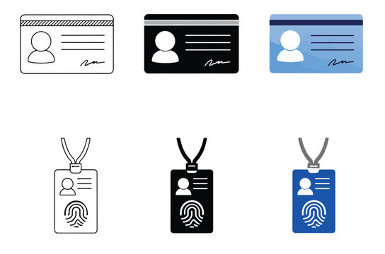 Abstract icon set of identification cards and lanyard badges with profile silhouettes text lines signature and fingerprint symbols in outlined filled and colorful styles arranged in 2x3 grid for acces