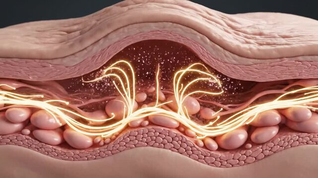 Cross-sectional animation showing skin tissue with glittering particles and pathways representing sensations of touch and perception