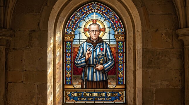 Saint Maximilian Kolbe stained glass portrait in church