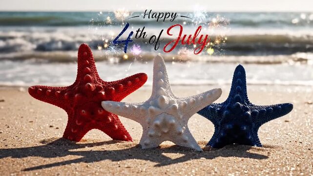 Happy 4th of july celebration with red, white, and blue starfish on a sunny beach background, independence day