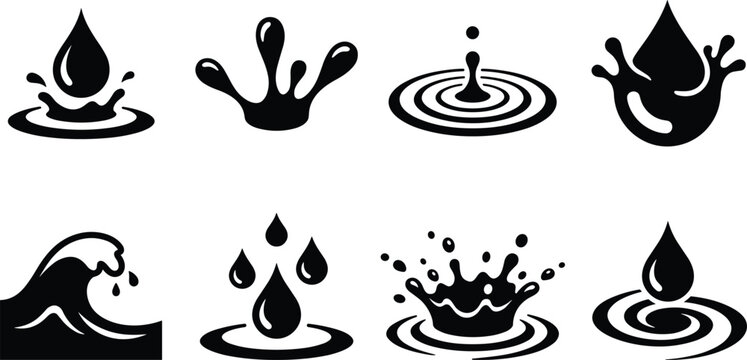 Water Splash and Ripple Silhouette Icon Set featuring Ocean Waves, Falling Droplets, Liquid Crowns, and Fluid Movement Vector Graphics