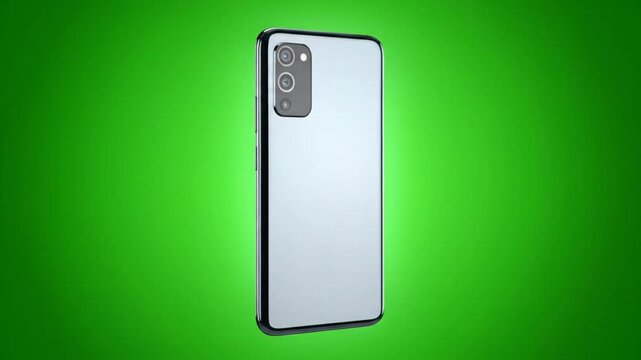 Rotating black smartphone with a reflective back and triple camera system on a vibrant green background