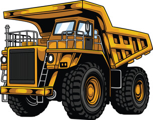 Detailed hand-drawn illustration of a massive yellow mining haul dumper truck for heavy industrial transportation © harrisaputra