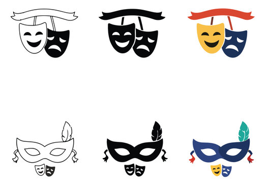 Abstract icon set of theatrical masks with comedy tragedy pairs and masquerade designs in outlined filled and colorful styles arranged in 2x3 grid for performance art and creative expression graphics