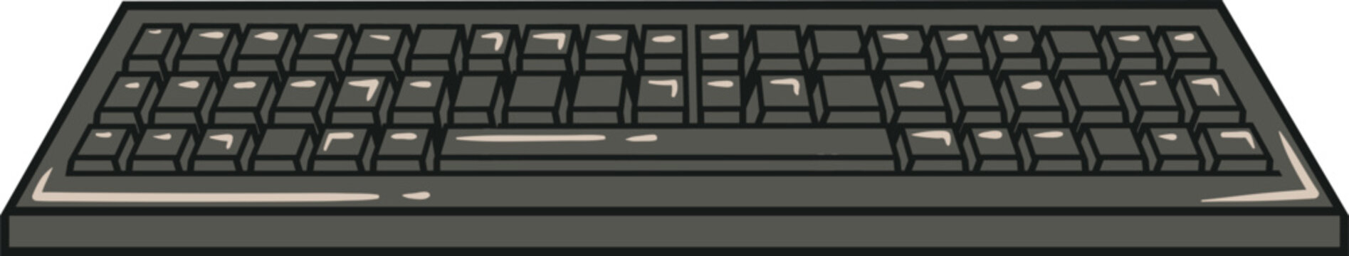Hand-drawn black computer keyboard illustration shown from a low front perspective, isolated on white in a simple cartoon technology style