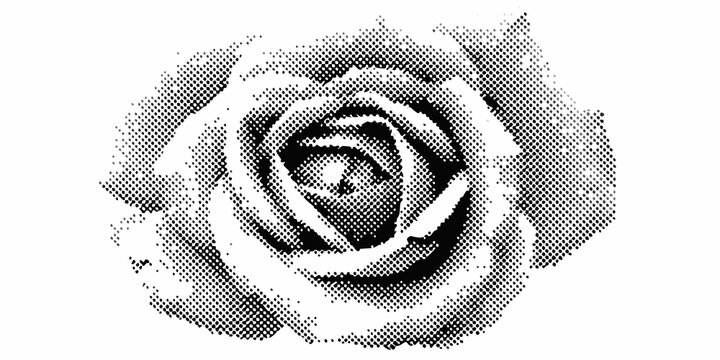 Halftone rose illustration in grayscale with pixel dot pattern