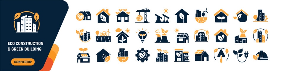 Eco construction and green building icon set. solar panel, wind turbine, eco house, crane, trowel, lightbulb, safety helmet. editable vector solid illustration © berkahi
