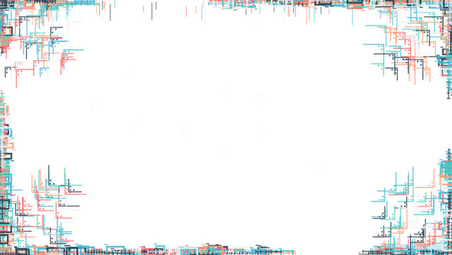 Abstract glitch frame with digital pixel noise, geometric tech border on white background, futuristic data distortion vector illustration