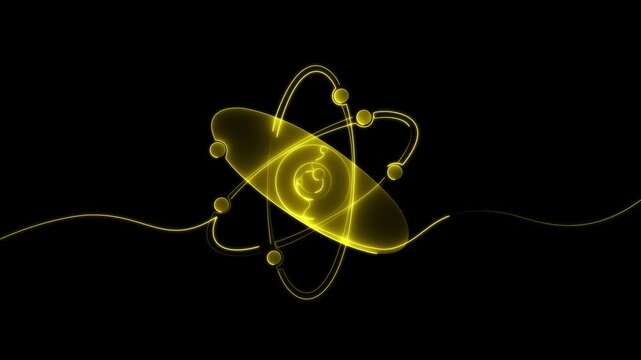 Atom and electrons, neon animated self drawing of single continuous line, continuous contour movement, video drawing of line in 4k