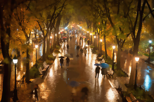 Rainy evening stroll through a luminous, tree-lined park path