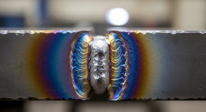 close-up of welded metal seam showing texture and color variations in workshop