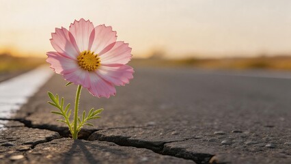 Fototapeta premium Pink cosmos flower growing through crack in asphalt road at sunset, resilience nature concept, hope, survival, beauty in harsh conditions, spring bloom, environmental strength,