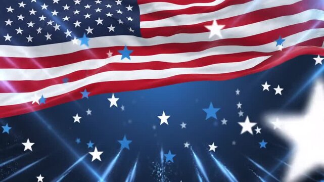Waving american flag with animated blue and white stars background, for patriotic celebration, united states