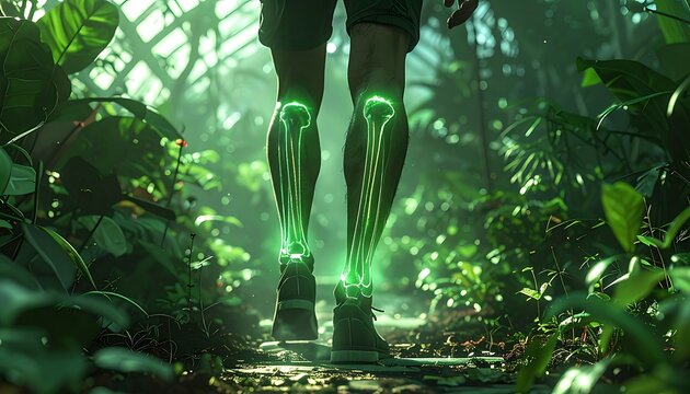 A person walks on a forest path with glowing green skeletal legs