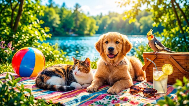 Golden retriever puppy, calico cat and cockatiel bird relaxing on picnic blanket by serene lake. Nature exploration and animal companionship concept