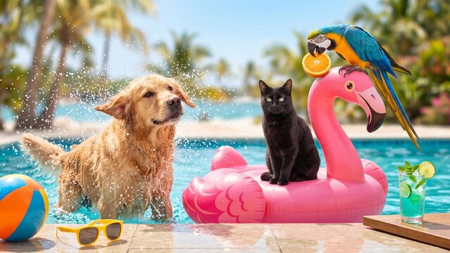 Golden retriever splashing in swimming pool near black cat on pink flamingo float with blue macaw parrot. Tropical summer pets vacation and fun animal beach relaxation concept