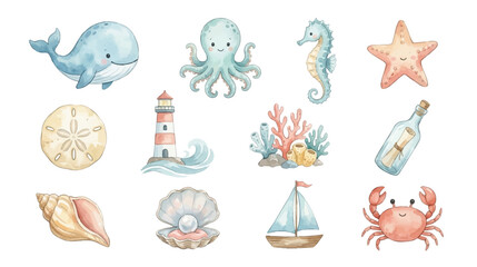 Watercolor nautical clipart with ocean animals and seaside elements png. Collection of Vector illustrations for invitation, card, poster, banner, decoration © maria